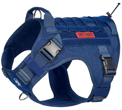 OneTigris Hundsele, FIRE Watcher Tactical Harness MOLLE säkerhetssele service hundväst med 1 handtag och 2 No-Pull-D-ring 1000D nylon (XXS, blå)