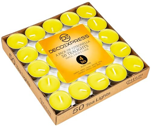 Deco Express Citronella Teelichter, 100er- oder 50er-Pack Duftkerzen Teelichter 4 oder 8 Stunden Brenndauer (Gelb 50/4 Stunden)