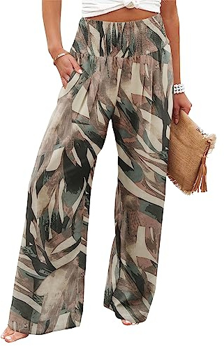 KISSMODA Elastic Waist Palazzo Pants for Women Long Wide Legged Lounge Trousers Chic Casual Beach Pants
