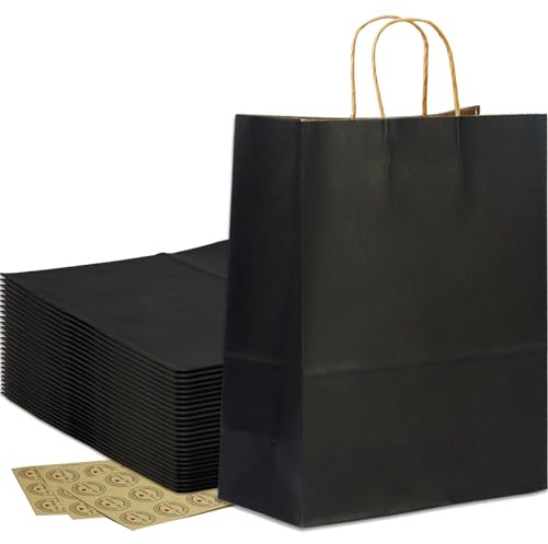 HRUISE 25 Stück Schwarze Papiertüte mit Henkel - 31x26x12cm - Große Kraftpapier Geschenktüten mit Griffen für Weihnachten Geburtstag Festivalfeier Einkaufstüten Partytüten Hochzeitstasche