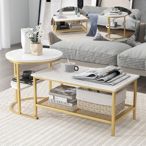 GOPLUS Lot de 2 Tables Basses Gigognes, Rectangulaire Amovible et Table Ronde, Plateau Imitation Marbre Blanc, Table d'Appoint Empilable Moderne pour Salon (Or et Blanc)