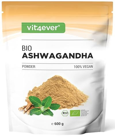 vit4ever Bio Ashwagandha Wurzel Pulver 600 g - 100% echtes indisches Ashwagandha (Withania Somnifera) aus kontrolliert biologischem Anbau - Premium Qualität - Vegan