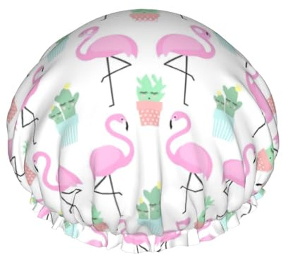 Duschhaube mit tropischem Flamingo, niedlicher Kaktus-Druck, doppellagig, elastisch, Badekappe für Zuhause, Spa, Hotel und Friseursalon