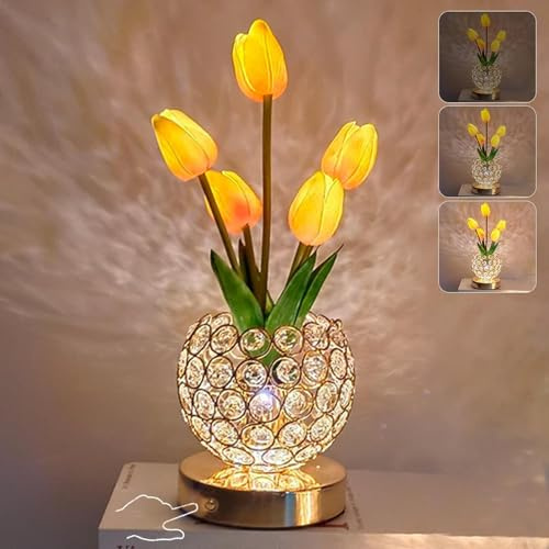 Lampade a forma di tulipano, luce notturna in cristallo dimmerabile, 3 colori, luce notturna ricaricabile, fiore artificiale a LED con vaso, decorazione romantica per appuntamenti e feste a casa