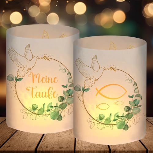 12 Windlicht Tischdeko Taufe, Taufdeko Junge Mädchen Deko Eukalyptus Grün, Geschenke Gastgeschenke Taufe, Taufgeschenke Jungen Mädchen, Geeignet für Teelichter oder Kerzen