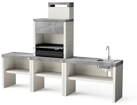 MAESTRO FERRETERO Tuozi – 3er-Pack – Outdoor-Küche Plan 1 Plus Full – Modularer Grill mit Edelstahlgrill und Spüle (266 x 47 x 192 cm)