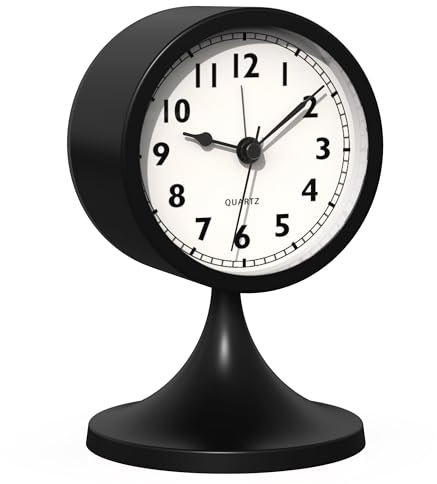 AYRELY® Réveil analogique mignon de 7,6 cm, petite horloge de table rétro à piles, horloge de bureau en métal mince avec lumière pour décoration de salon, chambre, chevet, étagère (noir)