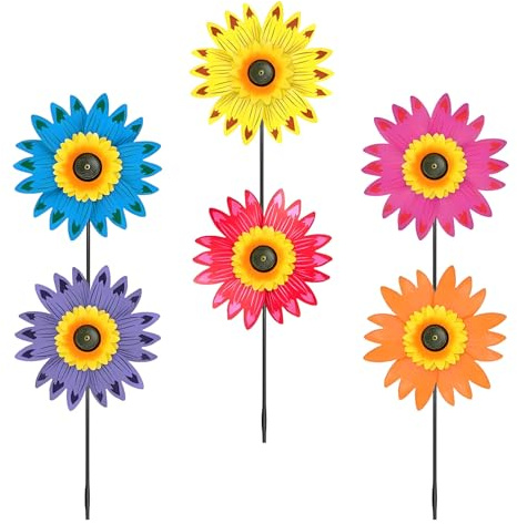 Sunflower Lawn Pinwheels,6 Pack Colorful Flowers Wind Spinners For Patio Yard Garden,Floral Windmills For Garden Yard Lawn Decorations Bird deterr-ent