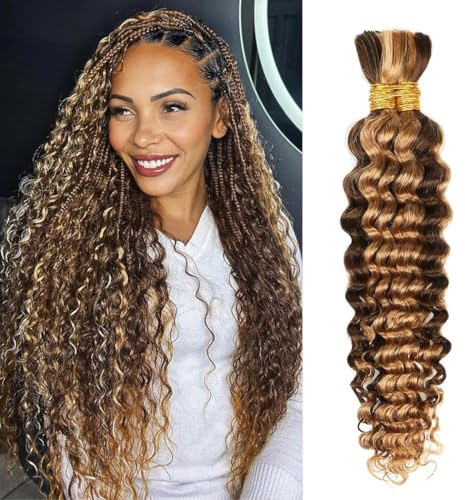Human Hair Braiding Hair 100% Unprocessed Brazilian Virgin for Bohemian Braids 2 Bundles/Pack 120g 24 Inch Deep Wave Bulk Human Hair No Weft color 4/27 Highlight Ombre Balayage