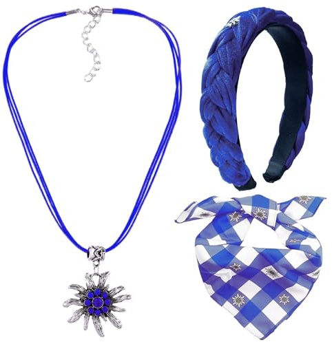DONCOO Écharpe Oktoberfest,Bandeau Tressé Vintage,Collier Edelweiss Pour Femmes - Bijoux Traditionnels Bavarois Pour Dirndl Et Oktoberfest,Bleu