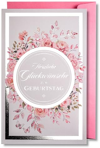 art nuvo Geburtstagskarte für Frauen – eine florale Geburtstagskarte mit einem rosa Umschlag voller schimmerndem Licht, das sich in farbenfrohen Drucken widerspiegelt.