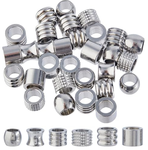 DICOSMETIC 36 pezzi, 6 stili, perle europee in acciaio inox, 10 mm, grandi perle perforate in metallo, per capelli e barba, perle sciolte, per collana fai da te, orecchini, gioielli, foro: 6 6,5 mm