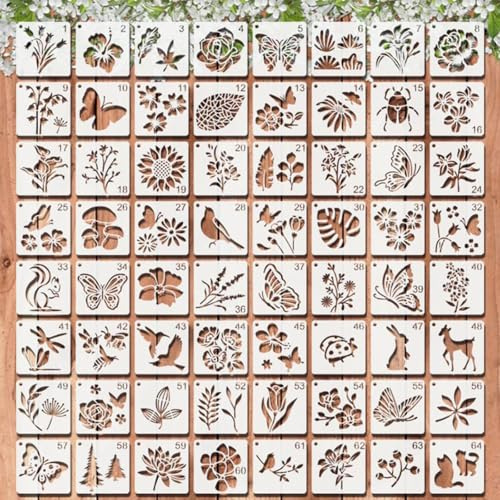 Flower Stencils for Painting 64 PCS 3 inch Reusable Openwork Nature Painting Templates of Bird Butterfly Flower Leaves for DIY Art Crafts on Scrapbook Wood Wall Window Home Decor