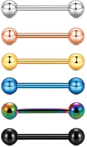 Vayfoni 6PCS Tongue Bars - Nipple Bars Piercing Set - 316L Stainless Steel Barbell Tongue Bar Piercing Jewelry 1.6×16mm with 5mm Balls - for Women & Men (Multi-Color)