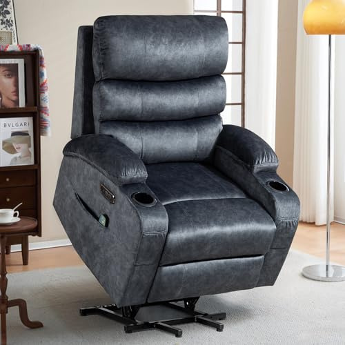 PALLOME Elektrischer Aufstehsessel für Senioren, Relax- & Fernsehsessel mit Aufstehhilfe, stufenloser Liegefunktion, Massage & Heizfunktion, USB & Typ-C, Seitentaschen, Getränkehalter (Grau)