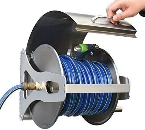 Carrello avvolgitubo Avvolgitubo for acqua in acciaio inossidabile con coperchio, supporto for tubi metallici a parete/montato a pavimento for tubi da giardino(30m)