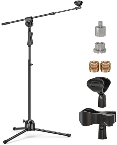 Mikrofonständer mit Teleskop-Galgen 51–91 cm, Höhe bis 232 cm, 2 Clips | Höhenverstellbares Mikrofonstativ mit 24 mm Stahlrohr, Mic Stand mit 2 Mikrofonclips und Gewindeadaptern