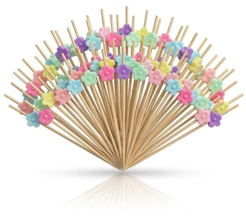 HAPZUR 100 brochetas de bambú para fruta, palillos de cóctel, diseño floral rosa de 12 cm, adecuadas para fiestas, bufés y decoración de frutas y postres.