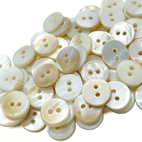 80 botones de nácar auténtico, 10 mm, color blanco con brillo aceitoso, 2 agujeros, color natural, planos para blusas, camisas y tejidos, juego de accesorios de costura de alta calidad, redondos y
