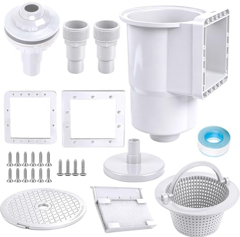 Piashow Set di skimmer per piscina, skimmer da incasso per piscine fuori terra con parete in acciaio, ugello di ingresso grande, cestello skimmer grande, attacco tubo 32/38 mm, pulizia piscina, cura