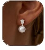 Pendientes de Perlas de Mujeres, Pendientes Colgantes de Perlas para Mujer, Pendientes de Perla Colgantes, Diseño Minimalista Elegante Joyas para Boda y Regalo para Mujer (Plata)