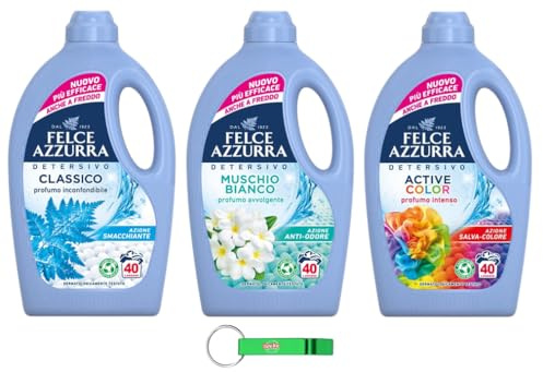 Felce Azzurra - Detersivo liquido per lavatrice, 3 confezioni da 1595 ml, 40 lavaggi, 3 diverse fragranze + portachiavi Beni Culinari gratuito