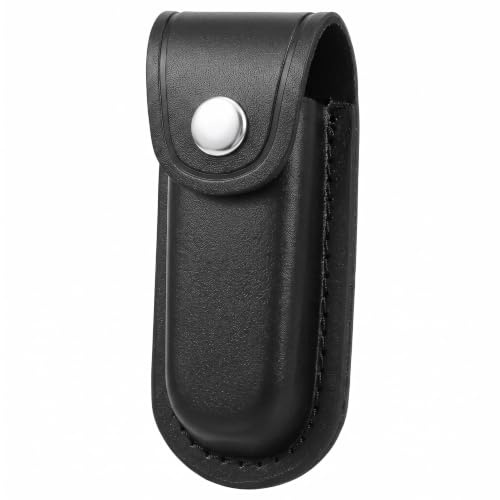 Étui Couteau Cuir Noir 12.2cm, Gaine Boucle Ceinture pour Couteau Pliant | Étui cuir noir 12.2 cm pour couteau pliant avec boucle de ceinture et bouton pression, parfait pour outils tactiques.