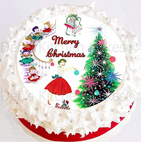 Retro Vintage Christmas cake Topper - 7.5 / 19cm Round - Edible Wafer