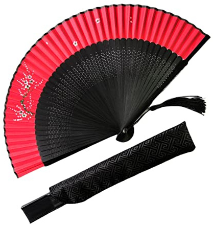 Eastern Wind Handbemalte Blumen Handfächer aus rot mit Geschenktüte ，Bambus-Fächer, Hochzeitsgeschenk 22 * 40cm
