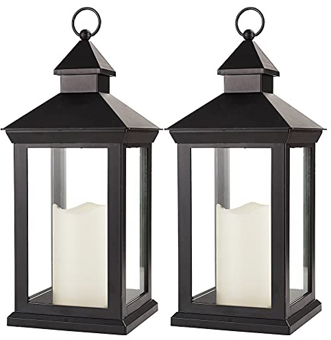 Bright Zeal 2-Pack 14 Decorative Candle Lantern Black Outdoor Lanterns with Timer Candles - IP44 Waterproof Vintage Lanterns Battery Powered LED Decorative for Wedding - Warm White Hanging Wall