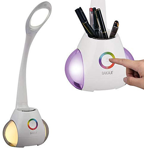 BAKAJI Lampada da Tavolo Luce LED Dimmerabile Accensione Touch con Luce d'atmosfera RGB con Cambio Colore e Portapenne Collo Regolabile Dimensione 58 x 18 cm Colore Bianco