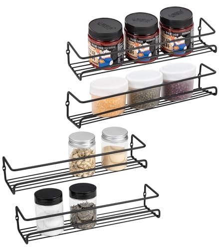 ROFAY Organizador de especias de Metal, paquete de 4 estantes de pared con adhesivo y tornillos para especias, hierbas, tarros y otros en armario/cocina/armarios/despensa, negro