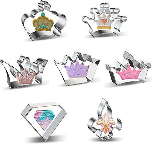 Ausstechformen in Kronenform, 7-teiliges Set, Edelstahl, Metall, Königskrone, Königin-Krone, Prinz-Krone, Prinzessinnenkrone, Diamant, Iris-Ausstechform, Keksausstecher, Hochzeit, Valentinstag