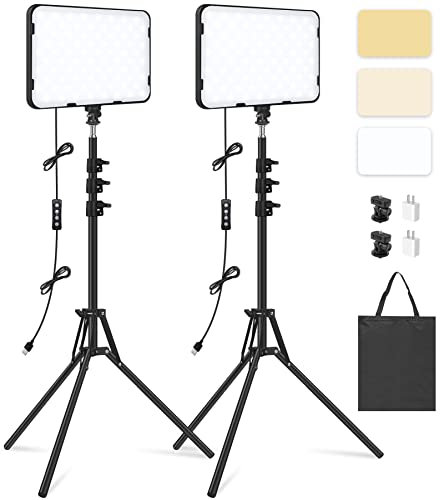2 Pack LED Video Light with 63'' Tripod Stand, Obeamiu 2500-8500K Dimmable Photography Studio Lighting for Video Film Recording/Collection Portrait/Live Game Streaming/YouTube Podcast, USB Charger