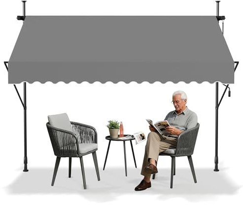 YRHome Klemmmarkise Markise Balkon mit Handkurbel 200cm breit- Balkonmarkise ohne Bohren Höhenverstellbar, Sonnenschutz, wasserdicht Hellgrau 250cm