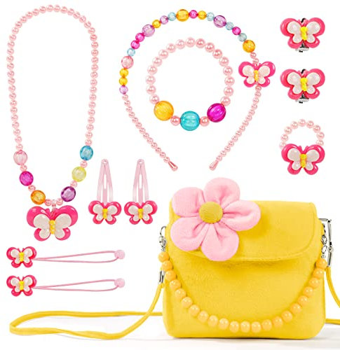 OSDUE Kleine Mädchen Plüsch Handtaschen, Schmuckset für Mädchen, Kette Halskette Armband Ring Schmuckset, Süße Plüsch Handtasche für Party Geschenk(Gelb)
