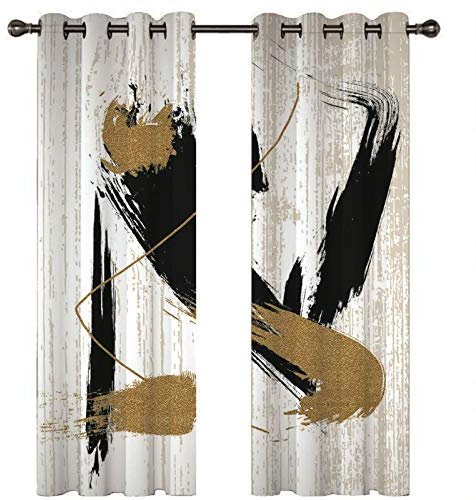 Homxi Vorhänge Blickdicht Schlafzimmer 2er Set,2 x 132W x 214H cm,Küchen Gardinen Blickdicht Weiß Schwarz Gold Abstrakte Malerei Ösen Vorhange