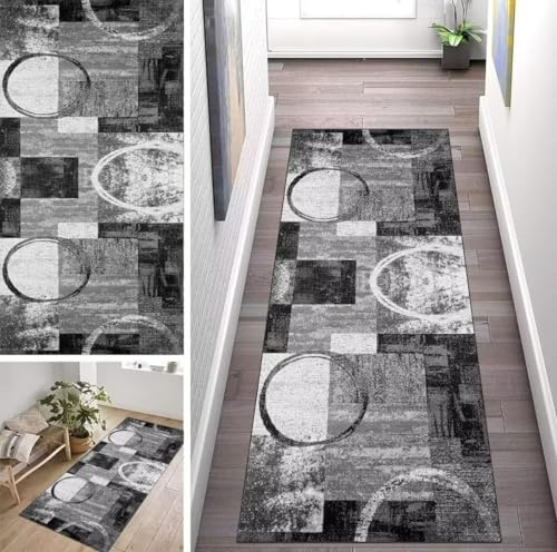 ZUZEKU Vintage Grau Läufer Flur Küche Waschbar rutschfest 50X250cm Lang Abstraktes Muster Küchenteppich Flurteppich Teppich Fur Korridor Wohnzimmer Schlafzimmer Meterware Anpassbar