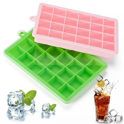 FIOUSY Silicone Ice Cube Tray, Flexible Ice Cube Tray with Removable Lid, 2 PCS of Ice Cube Moulds Set and 24 Ice Cub Per Tray for Whiskey (2 Pack) (Pink+Green)