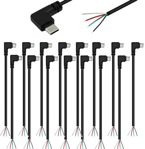 RUNCCI-YUN 15Stücke 25cm 28AWG 90 Grad USB Typ C Stecker Pigtail Stromkabel, 5V 3A USB-C-Stecker auf 4-Poligen Blanken Draht Offenes Ende, für LED-Leuchten