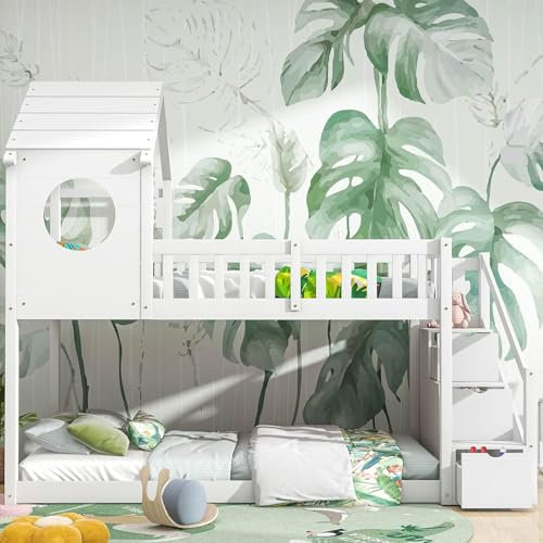 DaMga Kinderbett Etagenbett 90x200 cm für 2 Kinder,Hochbett Hausbett mit Stauraum Treppe,Baumhaus Bett mit Rausfallschutz und lattenrost aus Holz,Weiß,Ohne Matratze