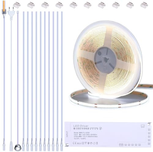 BENLUN 12V COB LED-list för underskåpsbelysning kök 10M, skärbar 6000K Kallvit LED-remsa självhäftande med dimmer och nätaggregat för skåpbelysning, akustikpaneler, skåp