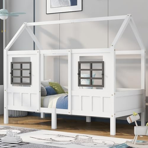 YCYDHDM Hausbett Einzelbett 90 x 200 cm mit Zwei Fenster und Dach, Holzbett Kinderbett mit Lattenrost und Rausfallschutz, Bettgestell und Kiefernholz, für Jungen und Mädchen, Ohne Matratze, Weiß