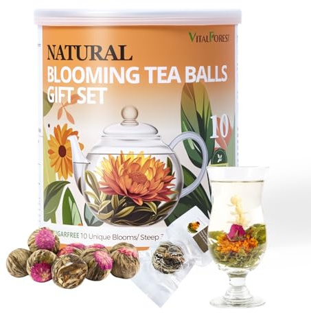 Blooming Tea Gift Set, 10 Unique Varieties Flowering Tea Balls, VitalForest Individual Packing Handmade Blooming Flower Teas for Anniversary, Valentine, Birthday