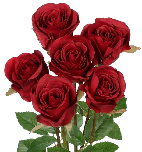 Oairse Set di 6 rose artificiali in seta di colore bordeaux con steli da 48 cm, realistiche rose di seta, fiori finti, bouquet da sposa, decorazione per casa, matrimonio, decorazione per feste