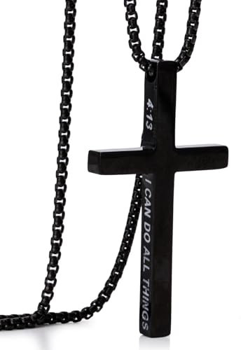 AWARDSEN Cross Necklace, Cross Necklace Men with Stainless Steel Chain 60cm, Black Crucifix Necklace Religious Bible Philippians 4:13 Christian Birthday Thanksgiving Gifts 24