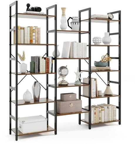 COSTWAY 5-Tier Industrial Bookshelf, Large Triple Ladder Bookcase Storage Shelving Unit with 14 Open Shelves, Freestanding Metal Frame Wooden Display Rack Shelf (160 x 30 x 172cm)