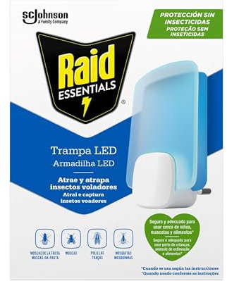 Raid Essentials - Trappola a LED anti-mosche, antimosche alla frutta e anti-tarme, senza insetticida, sicura per tutta la famiglia, inodore e senza rifiuti, uso interno, 1 apparecchio e 1 ricambio.