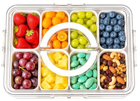 Snackbox mit 8 Fächern & Deckel - Tragbare Snackschale mit Griff, Luftdicht & Spülmaschinenfest, Snackteller aus PP für Gewürze Süßigkeiten Nüsse & Obst - Ideal für Picknick & Reise