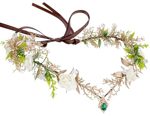 MOSTORY Feen Elfen kopfschmuck für Faschingskostüme Damen, Grüne Blumenkranz Haare mit Weiß Blumen für Cosplay Waldblattkrone